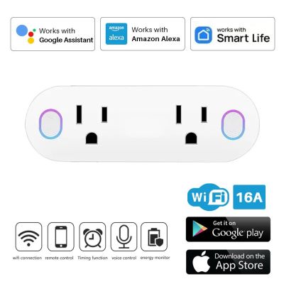 Tuya smart WiFi plug 2-in-1 US standard socket 16A with power meter Alexa/Google home/Smart life control  only support 2.4GHZ Ratchets Sockets