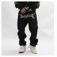 【CC】✳✽∏  Washed printed black high-end jeans y2k street retro mid-waist fashion letters hip-hop loose straight wide-leg