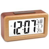 Wooden LED Digital Alarm Clock, Night Light with Snooze, Date, Temperature, 12/24Hr Switchable