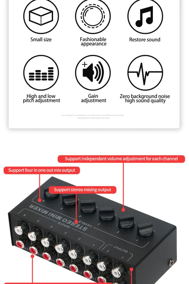 MOWEO Mini Stereo 6 Channel Passive Mixer RCA Portable Audio Mixer 6 in 2  Out Stereo Distributor Volume Control No Battery Required