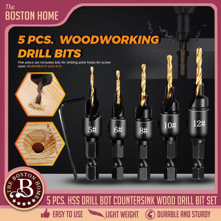 Boston Home Superior quality 5pcs/Set 1/4 Hex Shank HSS Drill Bit Countersink Wood Drill Bit Set