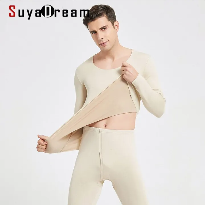 SuyaDream Men Long Johns Natural Silk 100Real Silk Fleece Thermal Underwear For Men Fall Winter