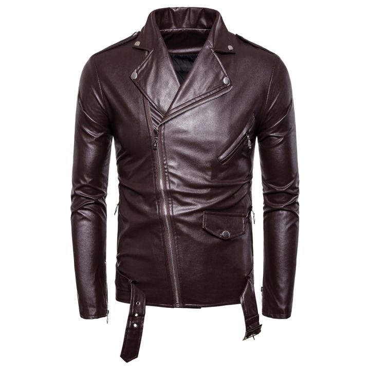 เสื้อแจ็กเก็ตหนัง-pu-สำหรับผู้ชายเสื้อคลุมลำลองสีขาวสีดำแนวทแยงมีซิปสำหรับขี่มอเตอร์ไซค์ใหม่2023