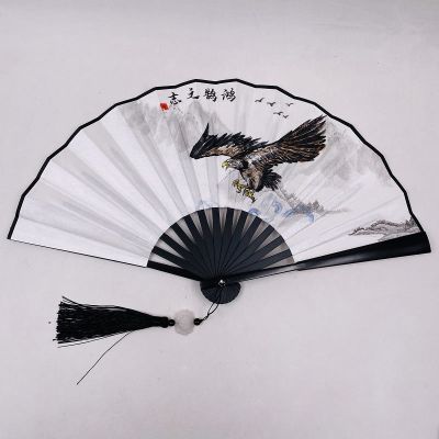 【CW】 Chinese Silk Fan Chinese Style Fan Double Sided Silk Cloth Male Fan Tassel Tiger Wolf Crane Painting Fan Ancient Folding Fan