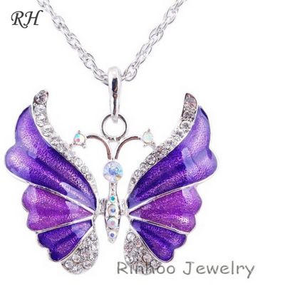 Tibetan Butterfly Necklace Alloy Enamel Butterfly Pendant Necklaces Suspension Silver Plated Vintage Necklace For Women Jewelry