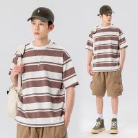 2023 summer stripes short sleeve T-shirt male Japanese popular logo loose cotton breathable half sleeve leisure mens clothes on --ntx230801✱❂┇