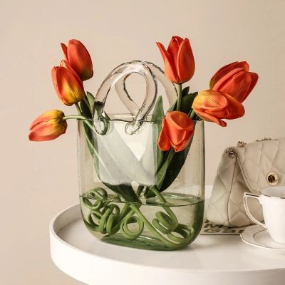 Clear Glass Bag Vase Creative Fish Tank Decor Bubble Flower Handbag Bag Vase Desktop Centerpiece Home Decor Wedding Tulip Basket