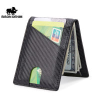 BISON DENIM NEW Mens Slim Wallet with Money Clip Leather RFID Blocking Bifold Credit Card Holder for Airtag with Gift Box W9726