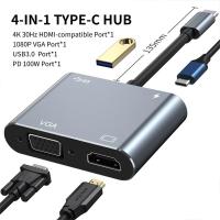 RYRA 4 In 1 USB 3.0 Hub VGA แล็ปท็อปอะแดปเตอร์ PD ค่าใช้จ่าย4พัน HDMI เข้ากันได้ประเภท-C S Plitter สถานีเชื่อมต่อสำหรับคอมพิวเตอร์แล็ปท็อป