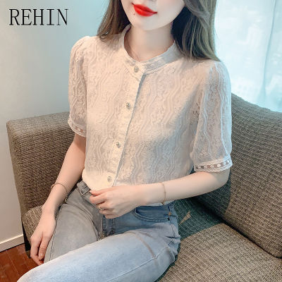 REHIN เสื้อแฟชั่นผู้หญิง,ฉบับภาษาเกาหลีคอกลมที่สง่างามเสื้ออเนกประสงค์เสื้อสตรีแต่งลูกไม้แขนสั้นฤดูร้อน