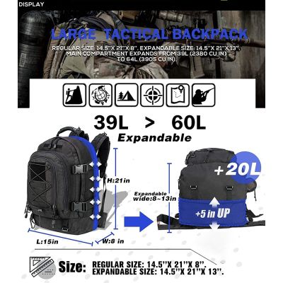 ：“{—— Extra Large 60L Tactical Backpack For Men Women Outdoor Water Resistant Hiking Backpacks Travel Backpack Laptop Backpacks
