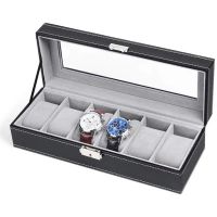 61012 Grids Leather Watch Box Display Case Holder Black Storage Box Glass Jewelry Organizer for Men &amp; Women Best Gift Box