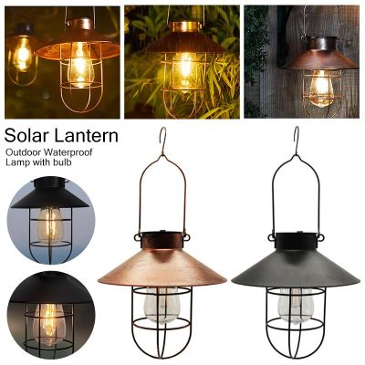 Retro Solar Lamp Vintage Camping Lantern with Tungsten Bulb Outdoor Waterproof Hanging Light Tent Light Garden Yard Decoration Power Points  Switches