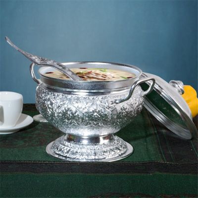 Tin Tableware Tom Yam Kung soup pot with Spoon Lid Thai Restaurant Kitchenware Sweet Soup Container Rice Cooker Pan Cooking Utensils