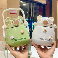 Kawaii หมีขวดน้ำสแตนเลสสำหรับเด็กให้เย็นร้อนกาแฟฟองชาน่ารักเด็กขวดความร้อนที่มีสายรัดฟาง