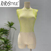 RYRYSTYLE ตาข่ายประมงผู้หญิงปักเพชร,เสื้อไรน์สโตนยืดหยุ่นเข้ารูปพอดีแขนกุดคอวีหนึ่งเส้นอินเทรนด์