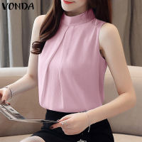 VONDA เสื้อสายเดี่ยวแขนกุดเสื้อยืดคอกลมลำลองสำหรับผู้หญิงเสื้อจับจีบใส่ทำงานทางการ (ลำลองเกาหลี)