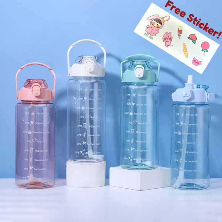 1pc Pink Time Marked Water Bottle, Transparent With Portable Strap And  Large Capacity For Outdoor Sports