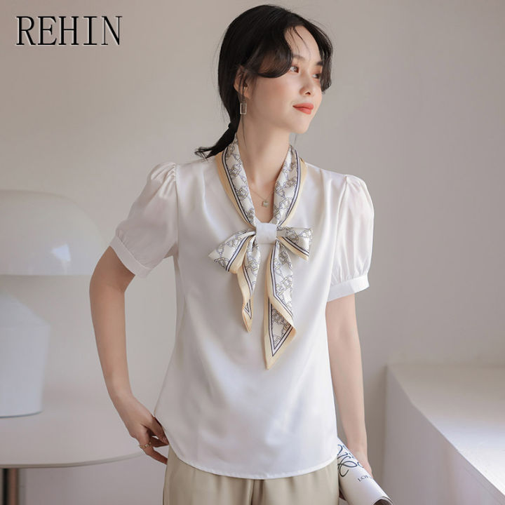 rehin-เสื้อริบบิ้นผ้าไหมไฮเอนด์ของผู้หญิงเสื้อออกแบบความรู้สึกฤดูร้อนเสื้อยาวสีขาว-exudation-สง่างาม