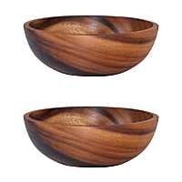 2X Natural Hand-Made Wooden Salad Bowl Classic Large Round Salad Soup Dining Bowl Plates Wood Kitchen Utensils