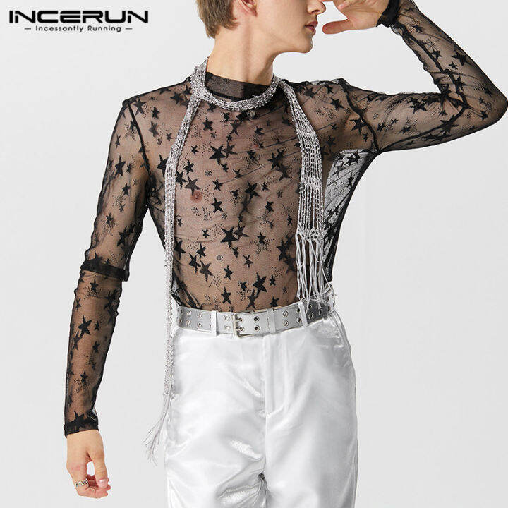 incerun-เสื้อยืดแขนยาวสำหรับผู้ชายตาข่ายซีทรูยืดหยุ่นทรงสกินนี่มีสไตล์สำหรับกางเกงพิมพ์รูปดาว-สไตล์ตะวันตก