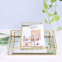 Nordic Retro Storage Tray Gold Rectangle Glass Makeup Organizer Tray Dessert Plate Jewelry Display Home Kitchen Decor WF1015 Baking Trays  Pans