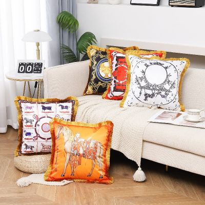 【CW】♞▼✹  Luxury Gold Tasselled Horses Carriage Tigers Belting Pillows 2 Sides Print Sofa Bed Couch