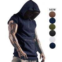 Summer Mens Hooded Fitness Tank Vest Solid Color Sleeveless Mens Outdoor Sports Running Training Tank Top