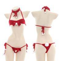 {Cos imitation} ชุดเครื่องแต่งกายเซ็กซี่ Saiko Christmas Red Velvet Tie Bowknot บิกินี่ Lolita Ruffle Halter Bra สาวกระต่ายหางชุดชั้นใน