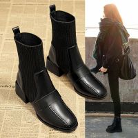 Women Elastic Sock Boots Boots Female Autumn Winter 2023 New Square Toe Short Boots Slip-On Fashion Ankle Boots Botas De Mujer