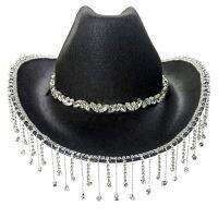 Rhinestones Cowgirl หมวก Glitter Rave Cow Girl หมวก Fringe ผู้ใหญ่ขนาดหมวกคาวบอยสำหรับปาร์ตี้ Black