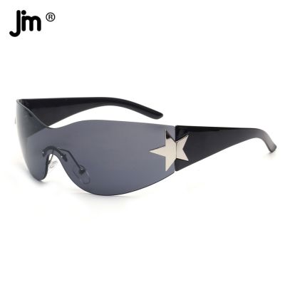 JM แว่นกันแดด Y2K ไร้กรอบ,สำหรับผู้หญิงผู้ชายทรงโอเวอร์ไซส์ทันสมัยเทปทนความร้อนไปรอบๆแว่นกันแดดแฟชั่นสีดำ