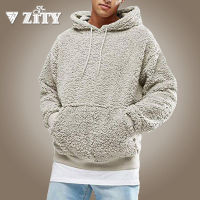 Mens Warm Faux Fur Fleece Hoodie Hooded Sweatshirt Casual Pullover Men Clothing Solid Color Streetwear with Kangaroo Pockets