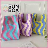 SUN BOX แฟชั่นสำหรับผู้หญิง แถบลายทาง งานทำมือ ปมเป็นปม กระเป๋าโท้ท กระเป๋าสำหรับข้อมือ ถุงช้อปปิ้งถุง กระเป๋าถักนิตติ้ง