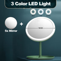 Makeup Mirror With 3 Color LED Light Desktop LED Makeup Mirror Lamp USB With Storage Table Cosmetic Mirror Rotating Makeup