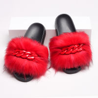 Furry Fur Slippers Fluffy Flip Flops Women Summer Faux Fox Sandals Designer Chain Plush Raccoon Fur Slides Beach Home Flat Shoes