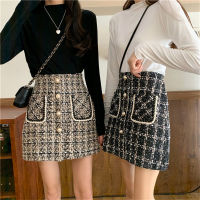 Small Fragrance Style Plaid Tweed Skirt Women Autumn Winter Vintage Slim Pearl Button Mini Skirt Korean High Waist A-Line Skirts