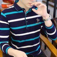 POLO shirt โปโลลาย เสื้อโปโลแขนยาวผู้ชายสไตล์เกาหลีสลิมแขนยาวเสื้อโปโล 4 สี