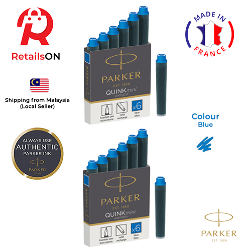 Parker Quink MINI Fountain Pen Ink Cartridges - Blue / Mini Fountain Pen  Ink Refill [1 Pack of 12] - Blue (ORIGINAL)