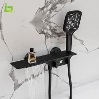 Wall Mounted Black Bathtub Faucet Two Function Long Large Shelf Temperature Display Water Flow Generate Electricity