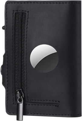 TNE Airtag Wallet (Airtag not Included) Genuine Leather Credit Card Money Holder Automatic Pop Up Mini Aluminum Wallet with Zipper Coin Pocket | Airtag Case Men or Women Air Tag Cover (Black)