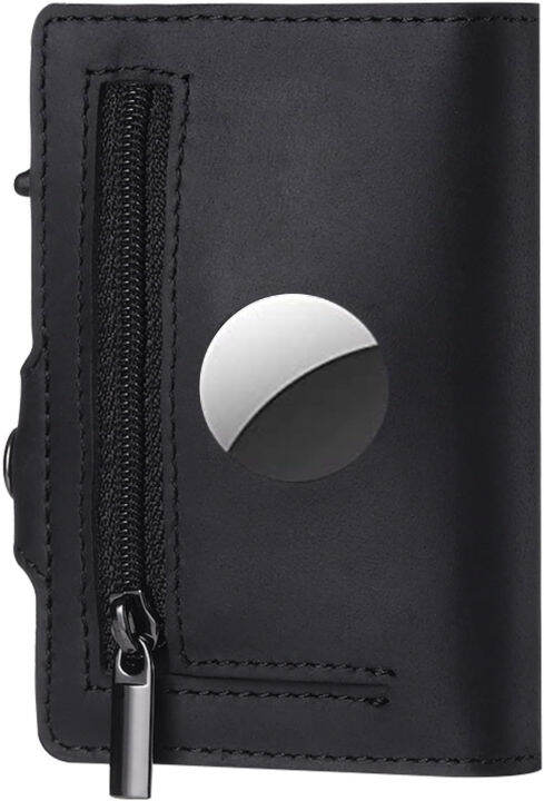 tne-airtag-wallet-airtag-not-included-genuine-leather-credit-card-money-holder-automatic-pop-up-mini-aluminum-wallet-with-zipper-coin-pocket-airtag-case-men-or-women-air-tag-cover-black