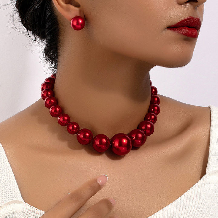 สไตล์เกาหลีย้อนยุคแฟชั่นสีแดงมุกสร้อยคอต่างหูชุดแฟชั่นผู้หญิงหรูหราเบาๆสไตล์พระราชวังสร้อยคอไหปลาร้า-fashion-chain-necklaces