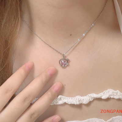 ZONGPAN สร้อยคอจี้หัวใจคริสตัลสีชมพูแบบกลวงแนววินเทจแฟชั่นสไตล์เกาหลีสร้อยคอสีเงินสำหรับผู้หญิงเครื่องประดับงานแต่งงาน