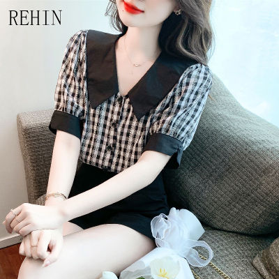 REHIN ผู้หญิงฤดูร้อนใหม่คอตุ๊กตาลายสก๊อตแขนสั้นเสื้อใหม่เกาหลีรุ่น Elegant Chifoon เสื้อ