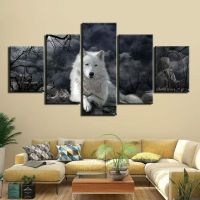 Yohoo 5แผง White Wolf Night Sky Modern Decor ผ้าใบ Wall Art HD พิมพ์ภาพภาพวาดตกแต่งห้อง-Popular Home Decor 5ชิ้น