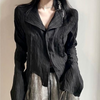 Feiernan Y2k Pleated Button Up Blouse Black Shirts for Women Korean Dark Academia Tight Long Sleeve Top Mujer Vintage Female