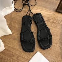 ✓✆ Sandals Women Summer New 2023 Beach Fashion Sexy Flat Casual Cross-Tie Open Toe Fairy Style Narrow Band Shoes Black Rome Sandals