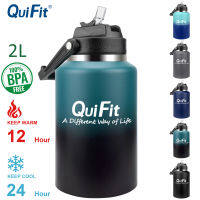 QuiFit 2L สแตนเลสกระบอกน้ำครึ่งแกลลอนเวลาสร้างแรงบันดาลใจ Marker Tumbler กว้างปากฝาหลอดดูดป้องกันสุญญากาศฉนวนโถใส่น้ำ