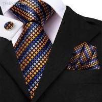 ☜ Hi-Tie Gold Blue Striped Silk Wedding Tie For Men Handky Cufflink Set Fashion Designer Gift Tie For Men Necktie Business Party